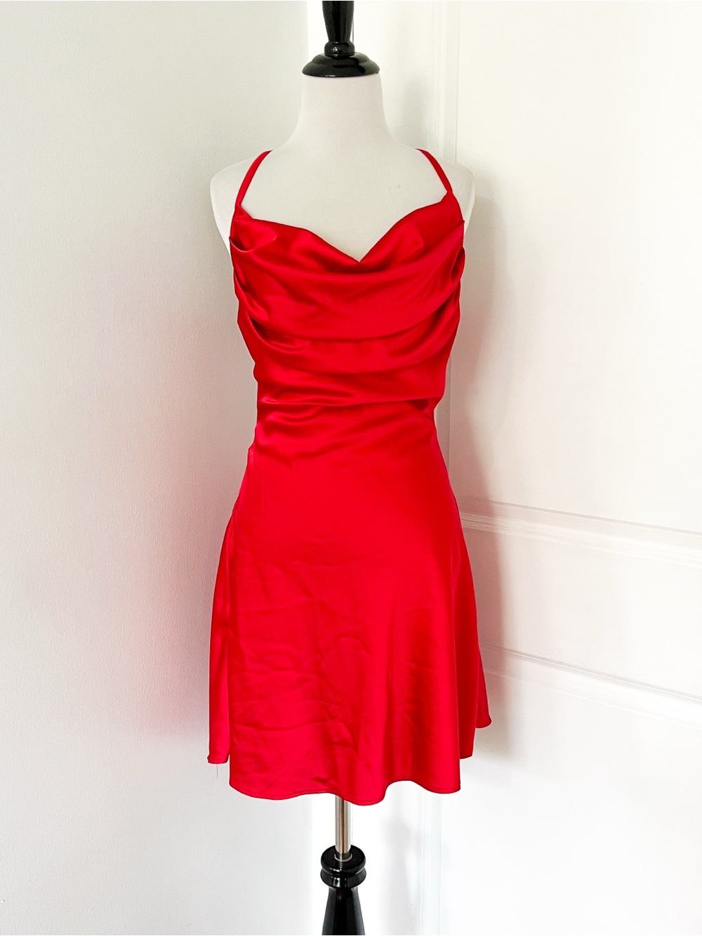 Blanc Red Satin Cowl Mini Dress with Spaghetti Straps - Large